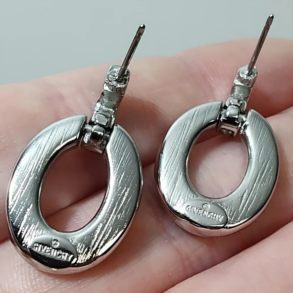 Vintage Bijoux GIVENCHY Silver tone Open Circle Pave Drop Earrings POST BACK NOS - Picture 4 of 6